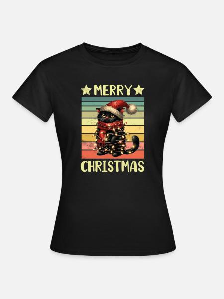 Schwarze Katze Weihnachten - Frauen T-Shirt - Schwarz