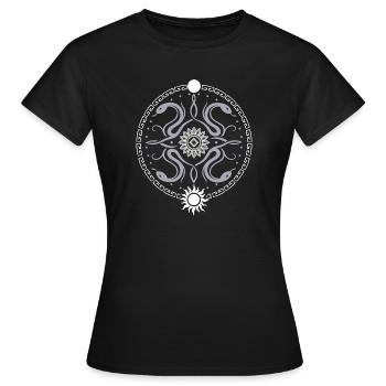 Schlangen Rad mit Sonne und Mond - Frauen T-Shirt - Schwarz - Vorne - AI Model Female 172 dark (172cm)