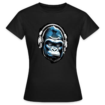 Musik Affe Gorilla mit Kopfhoerer als Geschenkidee - Frauen T-Shirt - Schwarz - Vorne - AI Model Female 172 dark (172cm)