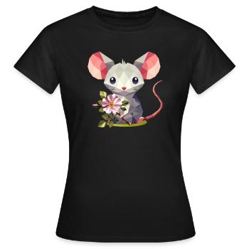 Mouse with dog rose – cute children's motif - Women's T-Shirt - black - Front - AI Model Female 172 dark (172cm)