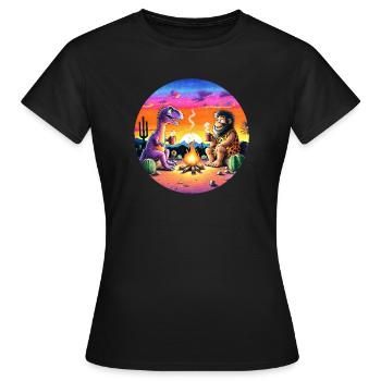 Illustration de rencontre préhistorique autour d’un feu de camp - T-shirt Femme - noir - Devant - AI Model Female 172 dark (172cm)