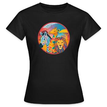 Farbenfrohes Savannen-Trio: Zebra, Giraffe, Löwe - Frauen T-Shirt - Schwarz - Vorne - AI Model Female 172 dark (172cm)