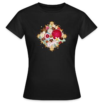 Pralinen im Ornament-Design mit zarten Blüten - Frauen T-Shirt - Schwarz - Vorne - AI Model Female 172 dark (172cm)