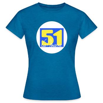 Logo emblématique de La Marne en couleurs vives - T-shirt Femme - bleu saphir antique chiné - Devant - AI Model Female 172 dark (172cm)