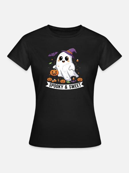 Niedlicher Halloween-Geist mit Kürbiskorb - Frauen T-Shirt - Schwarz