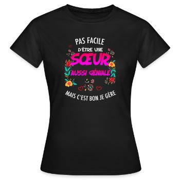 Sister Genius Humor Flowers and Heart - Women's T-Shirt - black - Front - AI Model Female 172 dark (172cm)