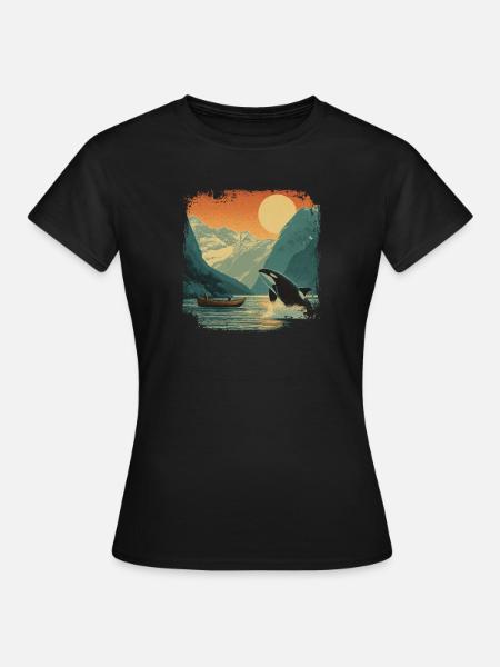 Orca Wal Fjord Vintage Sonnenuntergang Natur - Frauen T-Shirt - Schwarz
