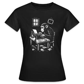 Schimpanse am Schreibtisch schreibt ein Buch - Frauen T-Shirt - Schwarz - Vorne - AI Model Female 172 dark (172cm)