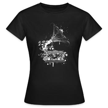 Nostalgic Gramophone – Floral Line Art - Women's T-Shirt - black - Front - AI Model Female 172 dark (172cm)