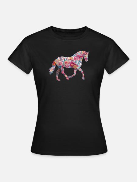 Pferd Blumen Muster - Frauen T-Shirt - Schwarz