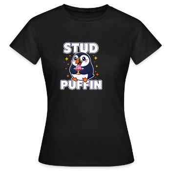 Stud Puffin Cute Bird Cupcake Pun  - Women's T-Shirt - black - Front - AI Model Female 172 dark (172cm)
