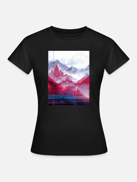 Psy-Art - Tempel über Berglandschaft - Frauen T-Shirt - Schwarz