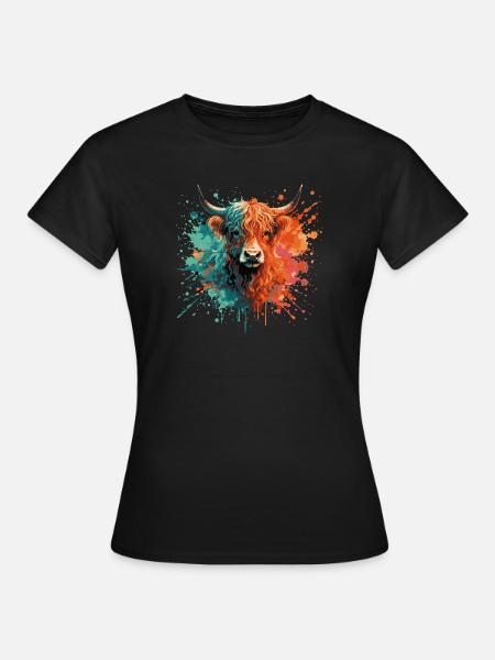 Highland Rind Aquarell – Color Splash Tierkunst - Frauen T-Shirt - Schwarz