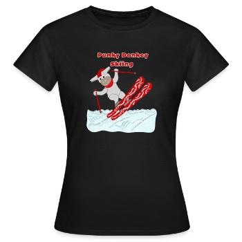Punker Esel fährt Ski, Comicfigur, Rot, Weiß - Frauen T-Shirt - Schwarz - Vorne - AI Model Female 172 dark (172cm)