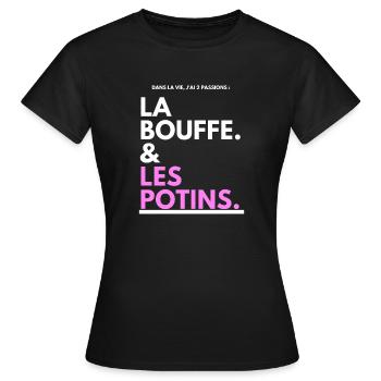 Bouffe et Potins Typo Noir Rose - T-shirt Femme - noir - Devant - AI Model Female 172 dark (172cm)