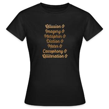 Gold Script Literary Devices Typography - Women's T-Shirt - black - Front - AI Model Female 172 dark (172cm)