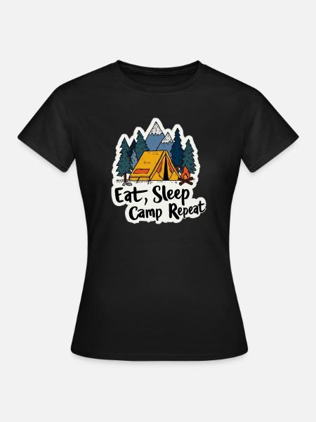 Camping Spruch Eat Sleep Camp Repeat Camper Outdoo - Frauen T-Shirt - Schwarz
