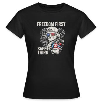 Freedom first, security in third place. Jef - Women's T-Shirt - black - Front - AI Model Female 172 dark (172cm)