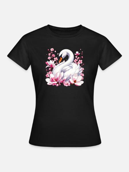 Weißer Schwan mit Kirschblüten - Dame-T-shirt - sort