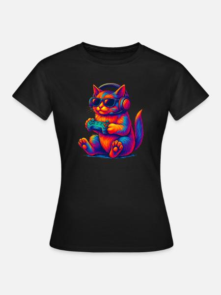 Neon Gaming Katze Zocken Gamer - Frauen T-Shirt - Schwarz