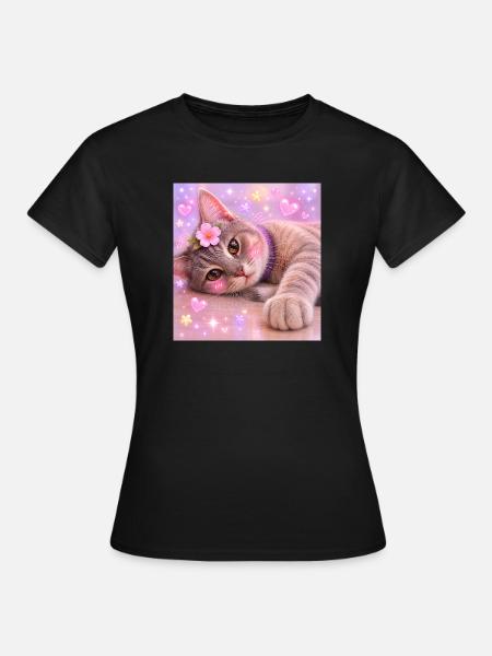 Kätzchen mit Blume und Glitzer - Frauen T-Shirt - Schwarz