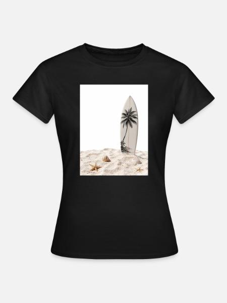 Surfbrett im Sand - Frauen T-Shirt - Schwarz