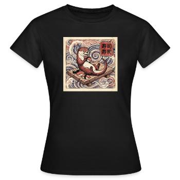 Lustiger Sushi Otter Auf Holzbank Vor Wellen - Frauen T-Shirt - Schwarz - Vorne - AI Model Female 172 dark (172cm)