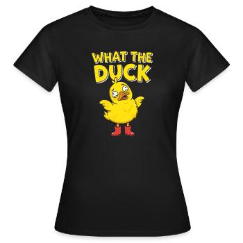 What the Duck: Gelbe Ente mit Stiefeln - Frauen T-Shirt - Schwarz - Vorne - AI Model Female 172 dark (172cm)