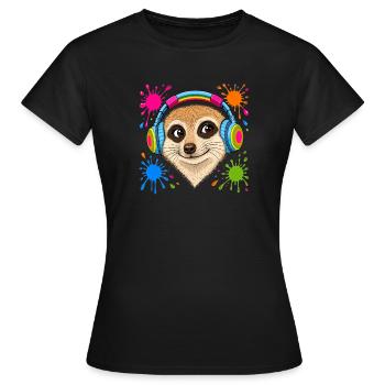 Erdmännchen mit bunten Musik Kopfhörern - Frauen T-Shirt - Schwarz - Vorne - AI Model Female 172 dark (172cm)