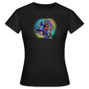 Dynamischer Krieger im Pop-Art-Stil - Frauen T-Shirt - Schwarz - Vorne - AI Model Female 172 dark (172cm)