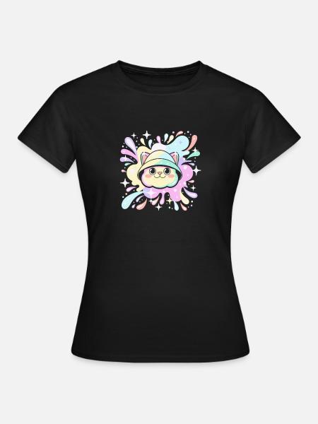 Pastellkatze mit leuchtender Kapuze - Frauen T-Shirt - Schwarz