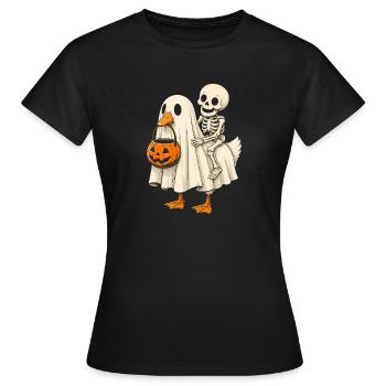 Ghost with skeleton on Halloween pumpkin basket - Women's T-Shirt - black - Front - AI Model Female 172 dark (172cm)