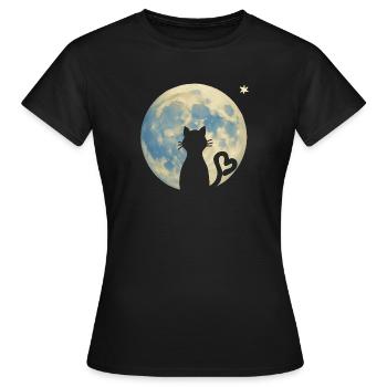 Cat silhouette with heart in moonlight - Women's T-Shirt - black - Front - AI Model Female 172 dark (172cm)