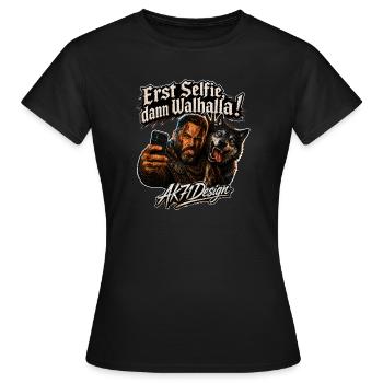 Erst Selfie, dann Walhalla - Wikinger Wolf Humor - Frauen T-Shirt - Schwarz - Vorne - AI Model Female 172 dark (172cm)