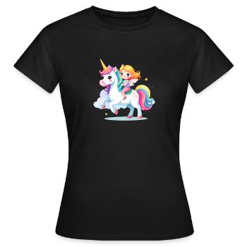 Kleines Mädchen auf Einhorn reitend – Comic-Traum - Frauen T-Shirt - Schwarz - Vorne - AI Model Female 172 dark (172cm)