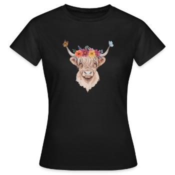 Couronne de fleurs Illustration du bétail Highland - T-shirt Femme - noir - Devant - AI Model Female 172 dark (172cm)