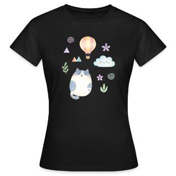 Cute Watercolor Cat and Hot Air Balloon - Women's T-Shirt - black - Front - AI Model Female 172 dark (172cm)