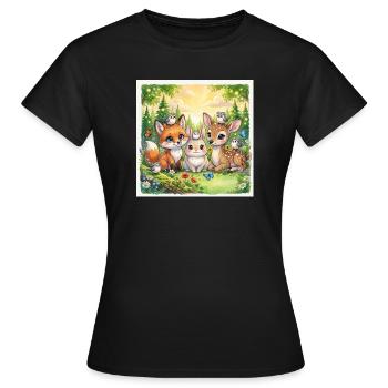 Amis mignons des bois – Fantasme Renard, Lapin et Cerf - T-shirt Femme - noir - Devant - AI Model Female 172 dark (172cm)