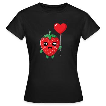 Kuschelige Erdbeere mit Herzballon - Frauen T-Shirt - Schwarz - Vorne - AI Model Female 172 dark (172cm)