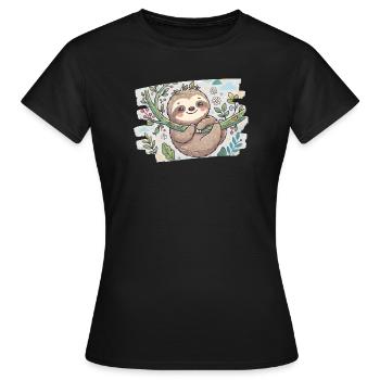 Niedliches Faultier auf Ast mit Blumen - Frauen T-Shirt - Schwarz - Vorne - AI Model Female 172 dark (172cm)