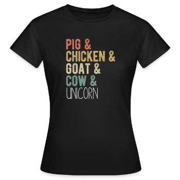 Schwein, Huhn, Ziegen, Kuh, Einhorn, Snillfarm - Frauen T-Shirt - Schwarz - Vorne - AI Model Female 172 dark (172cm)