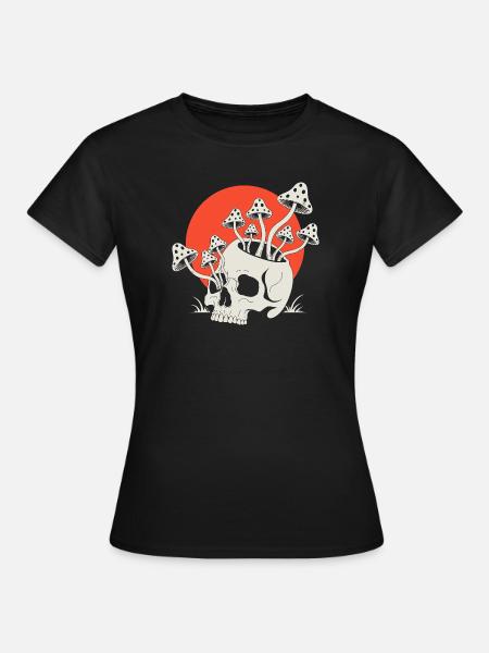 Totenkopf mit Pilzen Rote Sonne - Frauen T-Shirt - Schwarz