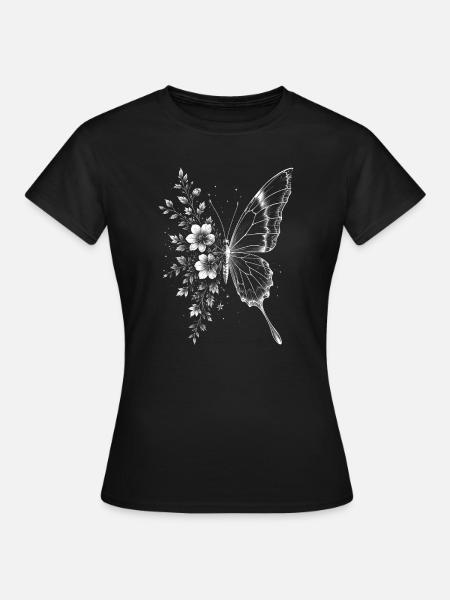 Eleganter Schmetterling mit Blumen im Zeichenstil - Frauen T-Shirt - Schwarz