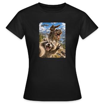 Lustiges Waschbär Selfie mit Bigfoot, T-Rex, UFO - Frauen T-Shirt - Schwarz - Vorne - AI Model Female 172 dark (172cm)