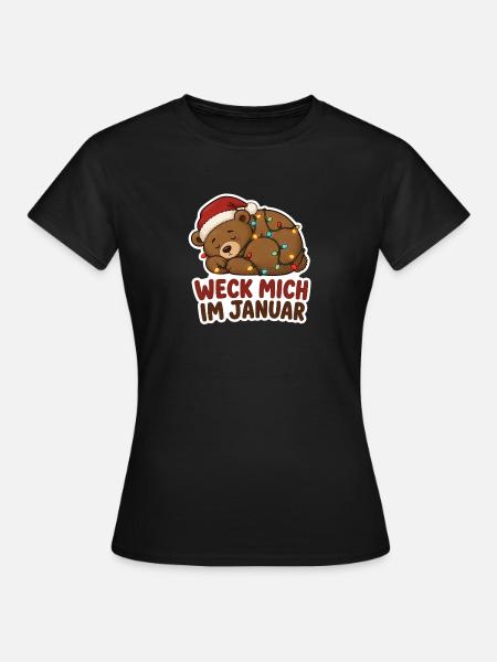 Schlafender Bär mit Lichterkette Januar - Frauen T-Shirt - Schwarz