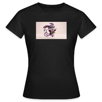 Cute fluffy purple 3D character holding a green gi - Women's T-Shirt - black - Front - AI Model Female 172 dark (172cm)