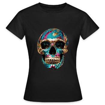 Tête de mort, métallique, paillettes, rivets, or, argent - T-shirt Femme - noir - Devant - AI Model Female 172 dark (172cm)
