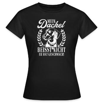 Mein Dackel beisst nicht, er hat Geschmack Dackel - Frauen T-Shirt - Schwarz - Vorne - AI Model Female 172 dark (172cm)