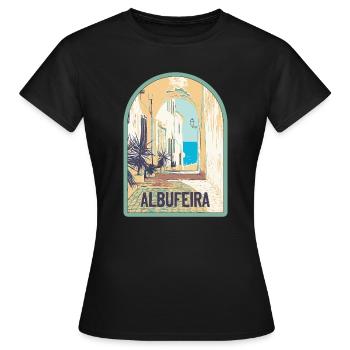 Picturesque street in Albufeira's old town - Women's T-Shirt - black - Front - AI Model Female 172 dark (172cm)