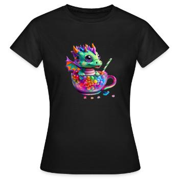 Petit dragon mignon dans une tasse pleine de bonbons - T-shirt Femme - noir - Devant - AI Model Female 172 dark (172cm)